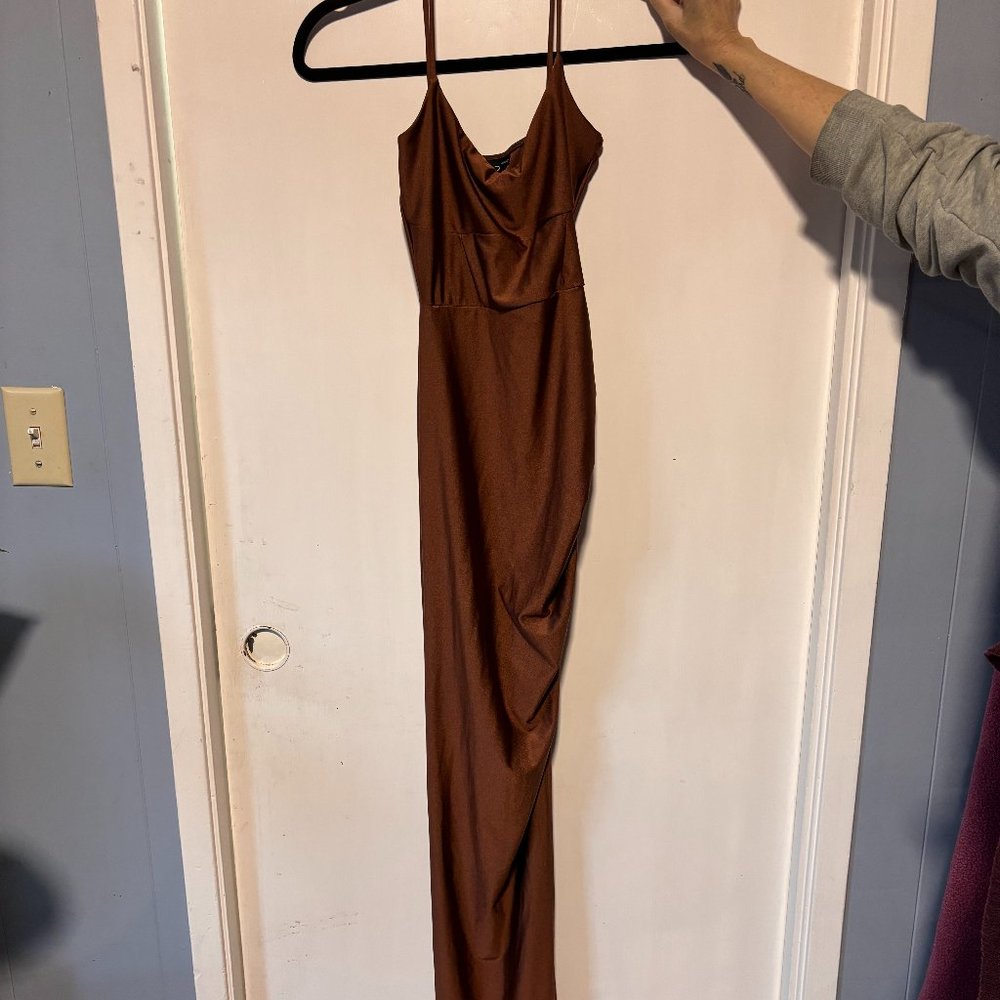 Windsor Brown Silk Satin Asymmetric Ruched Dress - Gem